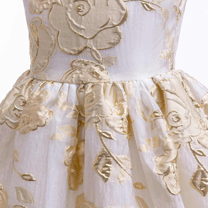 Lantern Knee Skirt Girl Dresses-Gold Floral Jacquard Princess Skirt 