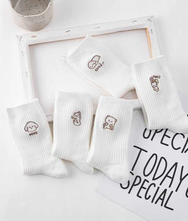 White Animal Embroidery Korean Socks Women's Adult Socks, White Embroidered Women's Socks