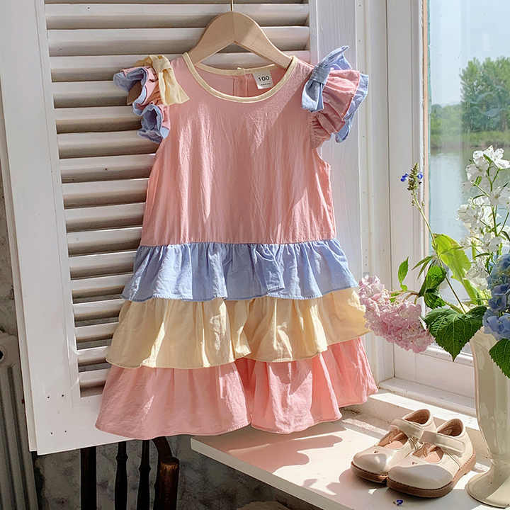 Girls Summer Casual Floral Print Rainbow Flying Sleeve Outerwear Dress for Girls