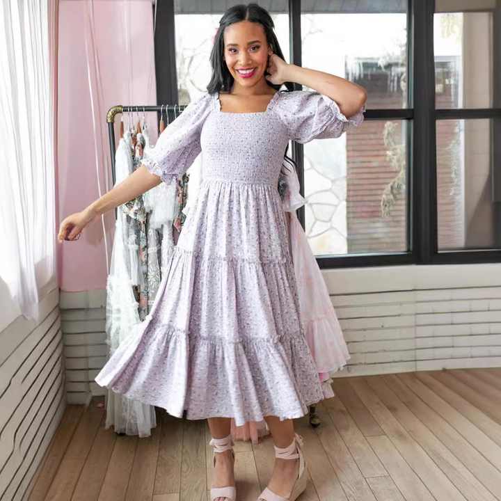 Cute Square Neck Floral Princess Dress Across 