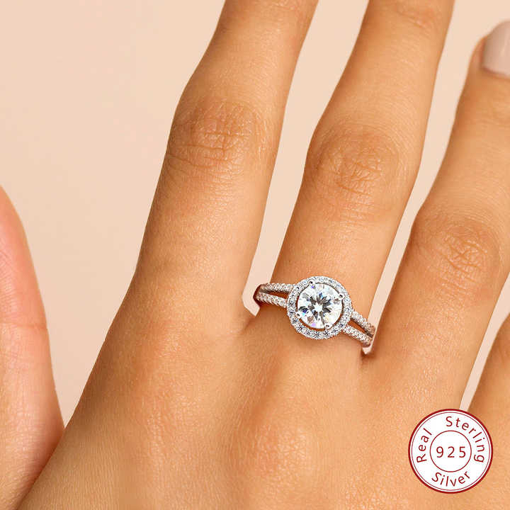 Women Engagement - 925 Sterling Silver Platinum Plated Halo Ring 