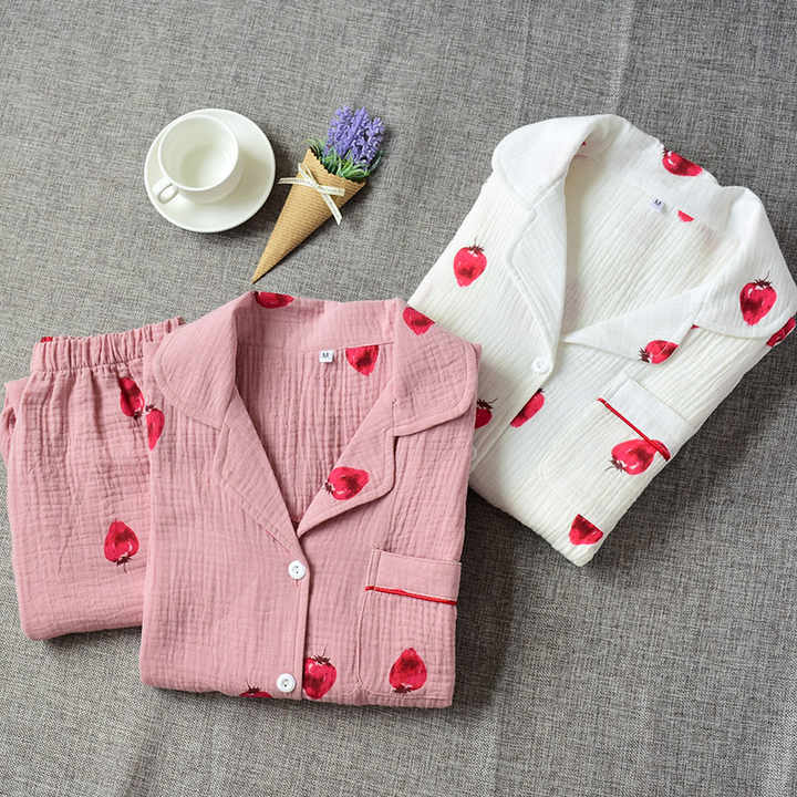 الفراولة لطيف المطبوعة أكمام طويلة الخامس الرقبة ثوب النوم النساء القطن بيجامة مجموعة للنساءCute Strawberry Printed Long Sleeve V Neck Nightgown Women Cotton Pajama Set for Women