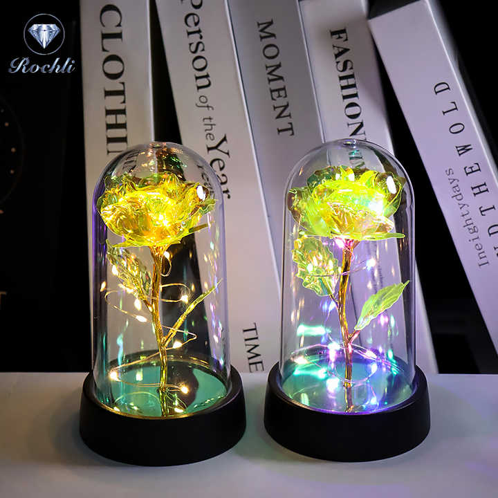 شريط إضاءة ذهبي وردي من الذهب عيار 24 مع . 24K Rose Gold String Lights with Acrylic Dome and Artificial Rose Design Christmas Decoration for Women