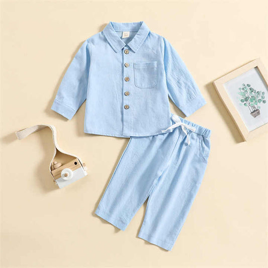 Spring and Autumn Boys Solid Cotton Hemp Stand Collar 