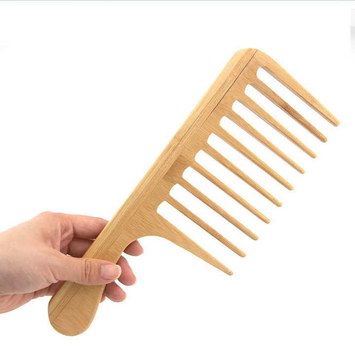 Private Label Large Size Bamboo Wooden Wide Tooth Hair Comb. 