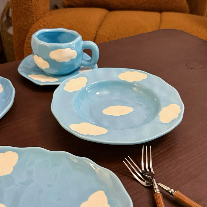 طقم أواني قهوة مطلية يدويًا Blue Sky Cloud Hand Painted