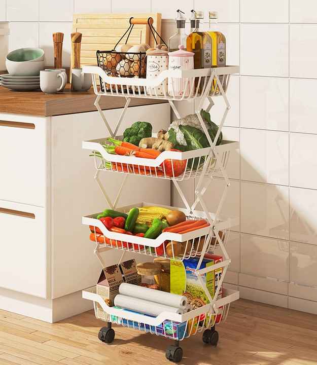 Home &amp; Kitchen Foldable Fruit &amp; Vegetable Storage Basket Rolling Standing Organizer Shelf Trolley with Wheels 