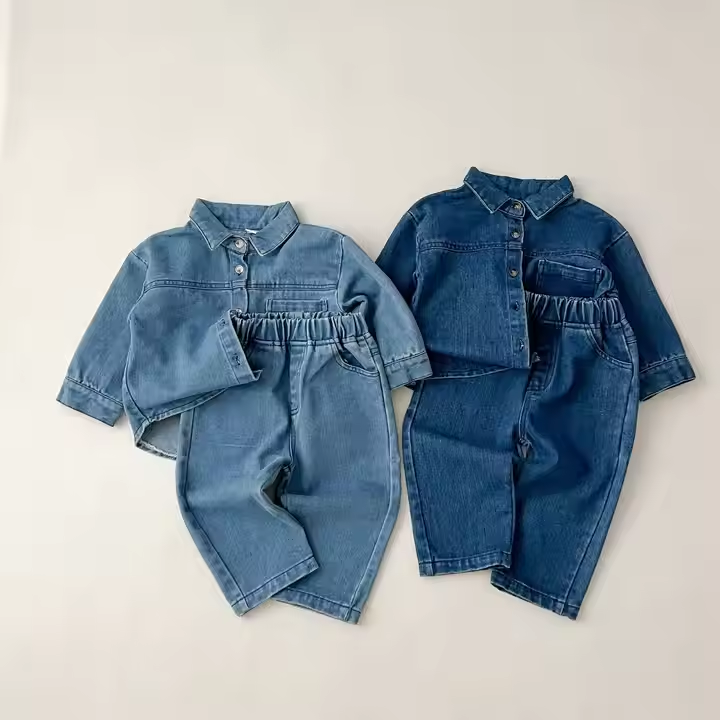 New Korean Boys and Girls Autumn 2 Piece Set Denim Suits Long Sleeve Shirt and Jeans 