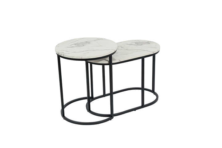 Nesting of two modern round white marble wood tables, black metal frame, oval top and black leg 