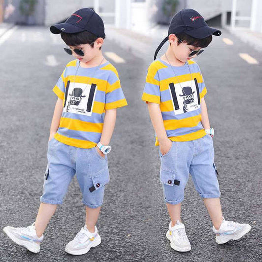 Boys' shorts, boys' clothing, cotton stripe suit, T-shirt + jeans 
