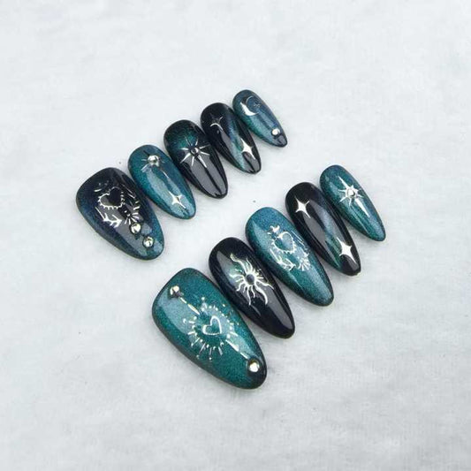 Almond nail shape green nail cool cat eye nails 