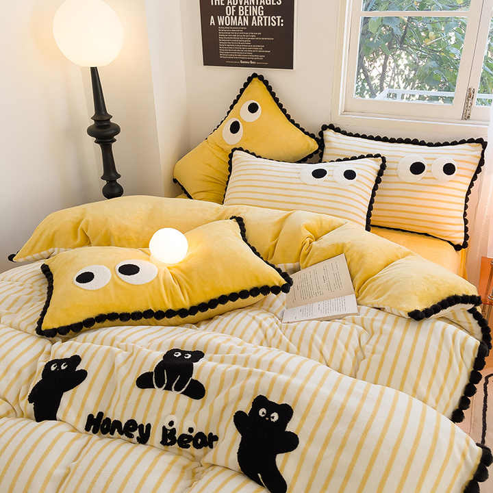 New Winter Striped Velvet Bedding Set 4 Pieces Thick 