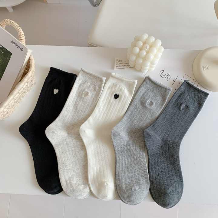 Fashion Embroidered Cotton Women's Socks UF4306 Simple Mid-Length Socks, Soft Long Socks 