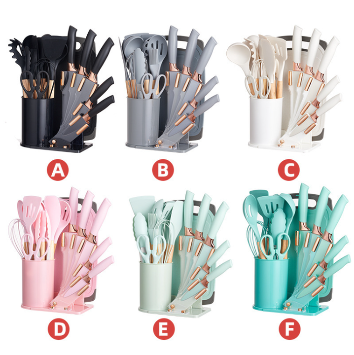 طقم أواني مطبخ 19 قطعة من الفولاذ المقاوم للصدأ للمطبخ أدوات طهي من السيليكون بمقبض خشبي للطبخ19 Piece Stainless Steel Kitchen Utensil Set Silicone Cooking Tools with Wooden Handle for Cooking