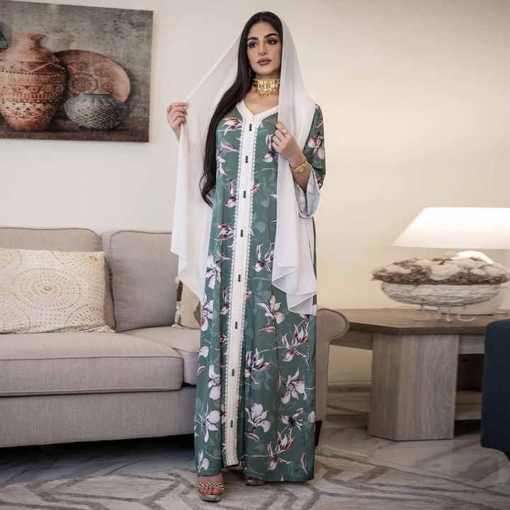 Summer Middle East Muslim Robe Jalabiya Printed Lace Long Dress Mother Daughter Parent Child Dress for Women 