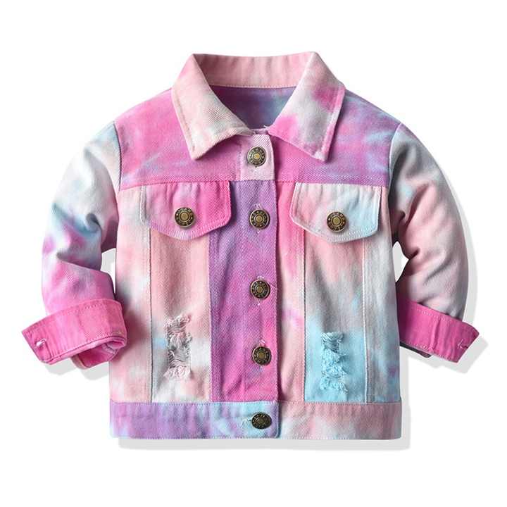 Tie Dyed Hollowed Out Children's Long Sleeve Denim Jacket 