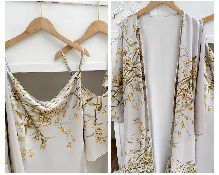 Floral Print Silk Pajamas - Robe Set for Women