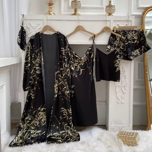 Floral Print Silk Pajamas - Robe Set for Women