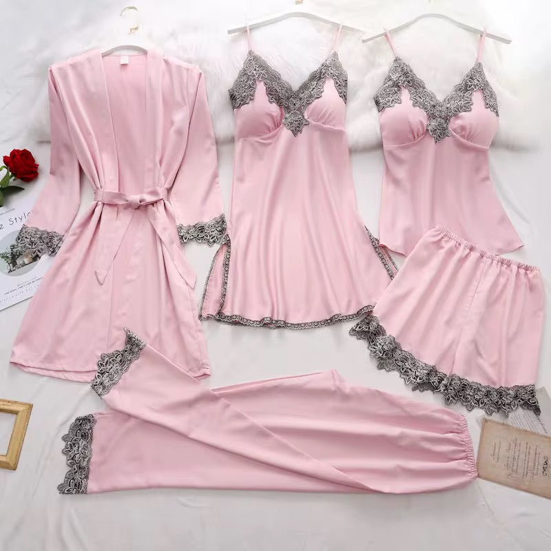 Best Selling 5 Piece Pajama Set High Quality Custom Silk Pajama Set Like Sleepwear For Women Ladies Robe