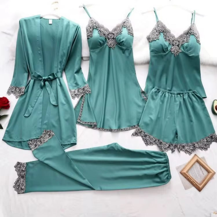 Best Selling 5 Piece Pajama Set High Quality Custom Silk Pajama Set Like Sleepwear For Women Ladies Robe