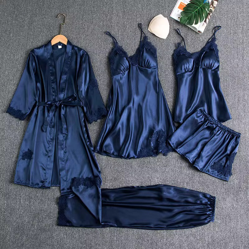Best Selling 5 Piece Pajama Set High Quality Custom Silk Pajama Set Like Sleepwear For Women Ladies Robe