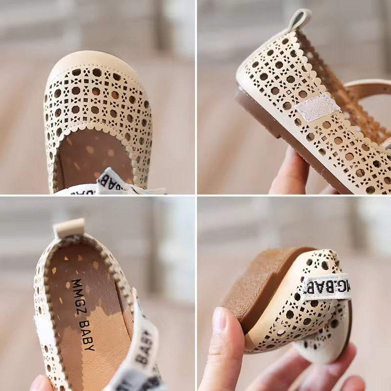 New Spring Girls Leather Princess Shoes Children's Sandals Outdoor Hollow Breathable Soft Bottom Summer Set