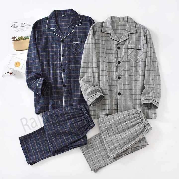 ملابس نوم رجالية منقوشة جديدة للربيع والخريف . New Men's Plaid Pajamas Spring and